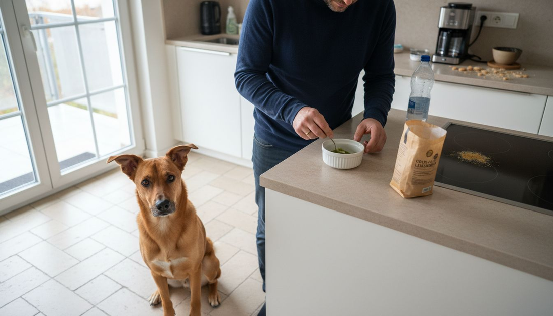 Neugierig schaut der Hund zu, wie sein Herrchen natürliche Zusätze verwendet.