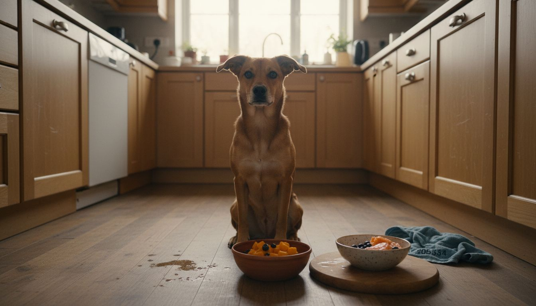 Ein Hund genießt sein Superfood aus einem schicken Keramiknapf.
