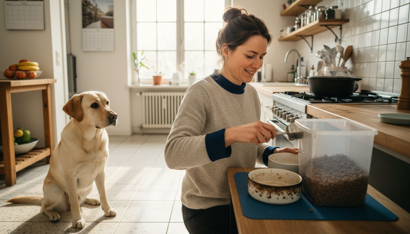 Gemeinsam mit ihrer Besitzerin stellt der Hund ein gesundes Menü zusammen.