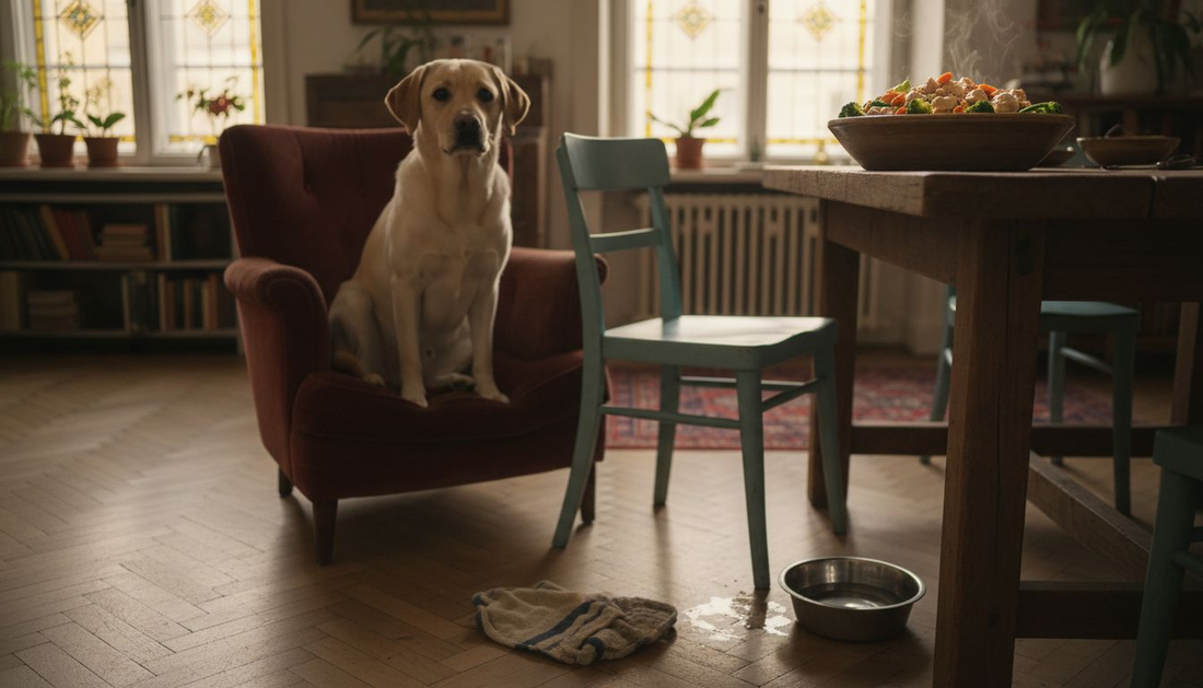 Der Labrador sitzt gespannt am Esstisch und hofft auf eine Portion gesundes Futter.