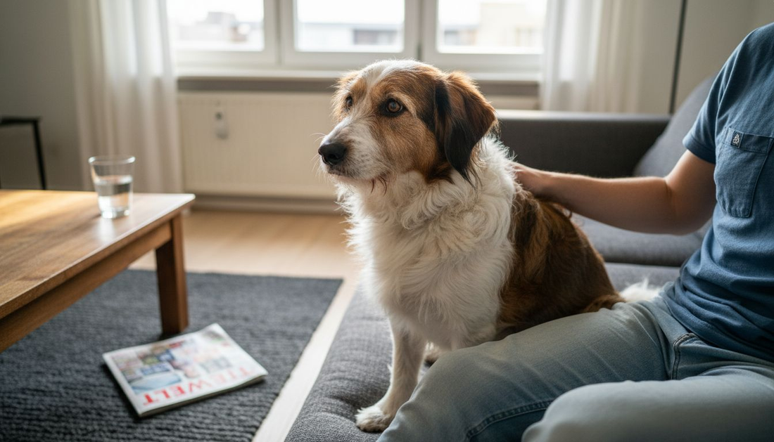 Ein entspannter Moment: Der Hund und sein Mensch genießen gemeinsam die Zeit im Wohnzimmer und tun ihrer Gesundheit etwas Gutes.