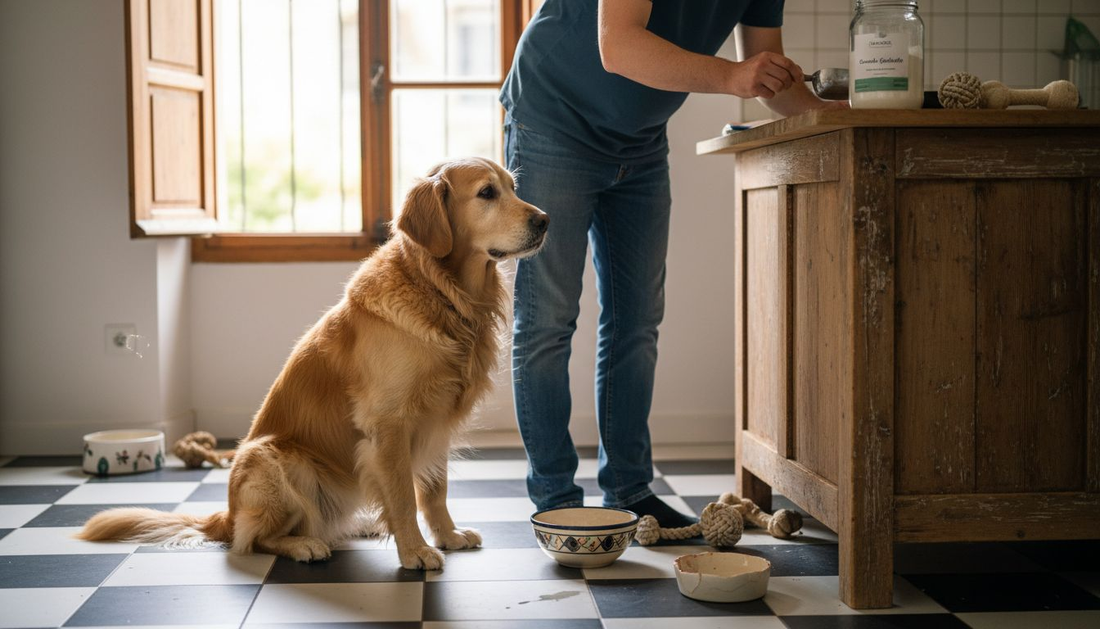 Ein Golden Retriever sitzt neugierig in der Küche und schnuppert an seinen Nahrungsergänzungsmitteln.