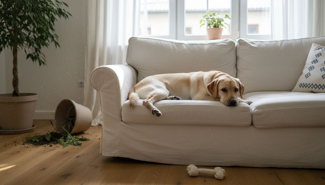 Ein Hund liegt gemütlich mit seinem Spielzeug auf dem Sofa im Wohnzimmer und genießt die entspannte Atmosphäre.