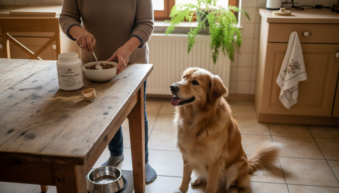Ein Hundebesitzer mischt seinem Vierbeiner Nahrungsergänzungsmittel ins Futter.