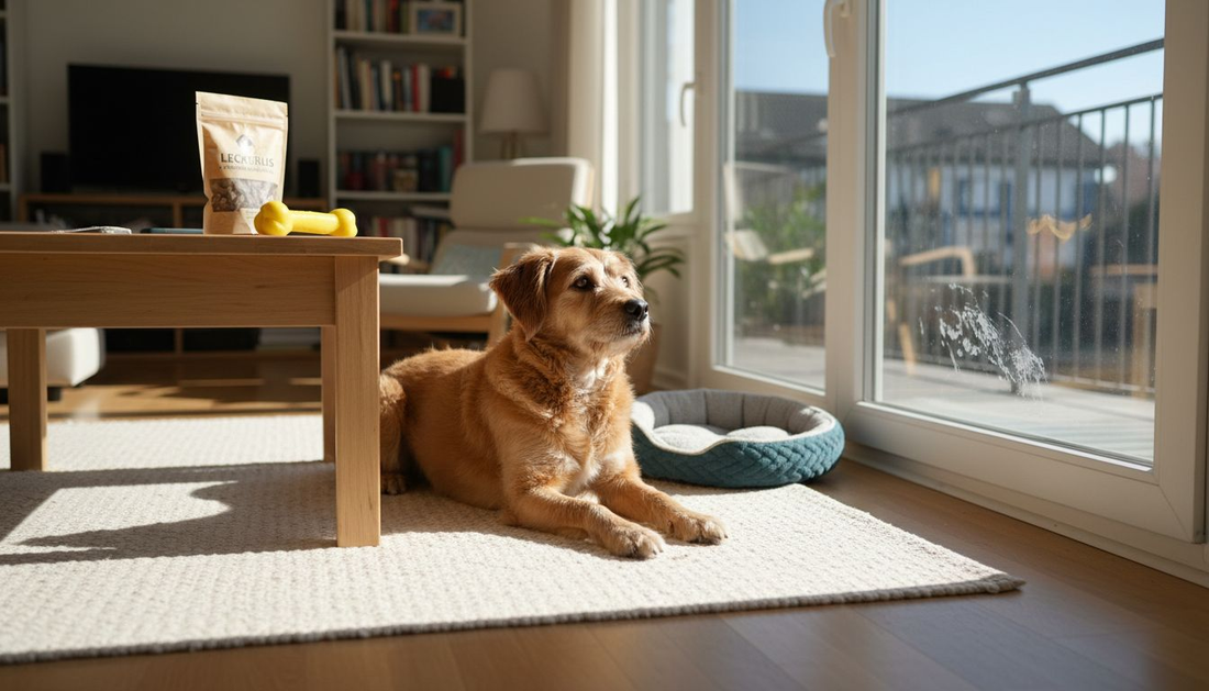 Gemütlich räkelt sich der Hund im sonnendurchfluteten Wohnzimmer und genießt die Ruhe.