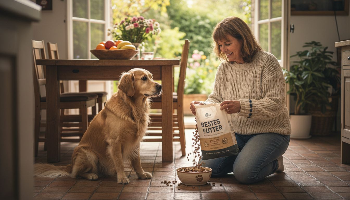 In der gemütlichen Küche bekommt der Golden Retriever von seinem Besitzer gerade sein Futter.