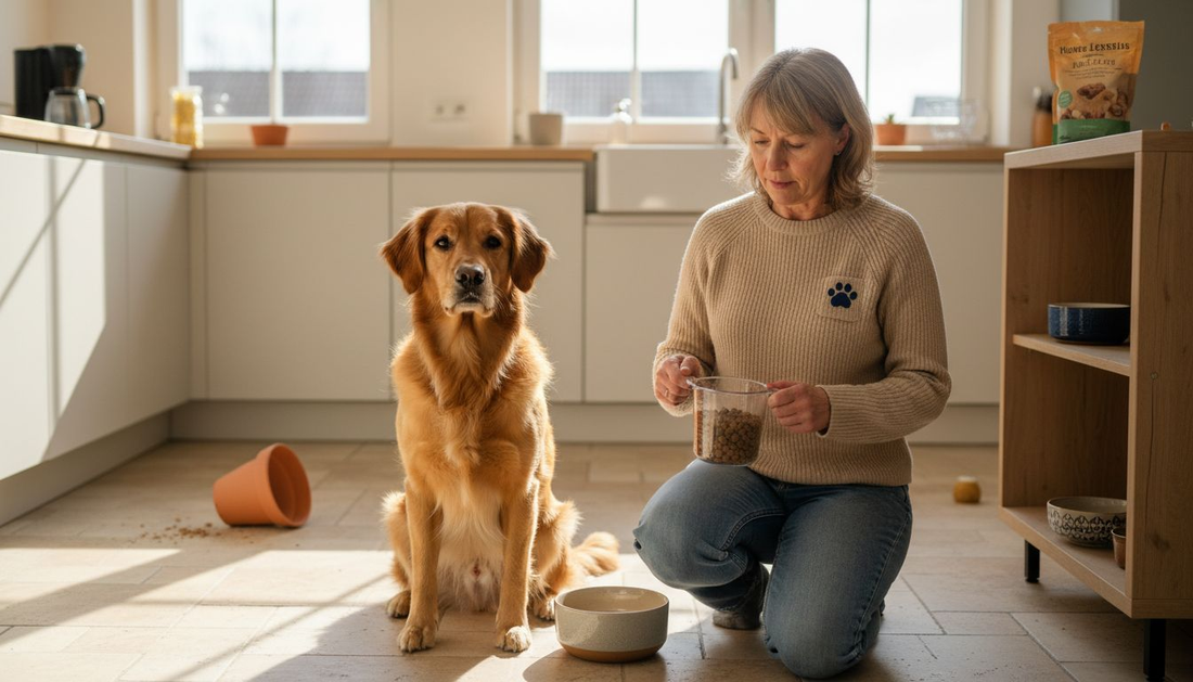 Der Hund sitzt schon ungeduldig in der Küche und wartet darauf, dass es endlich Futter gibt.