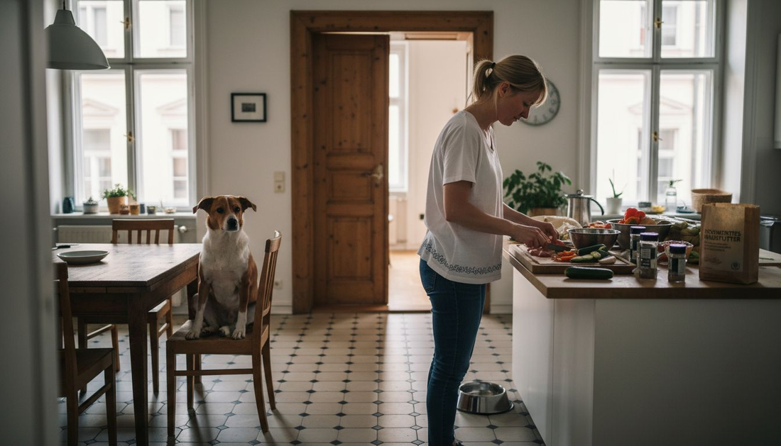 Neugierig verfolgt der Hund, wie sein frisches Futter zubereitet wird.