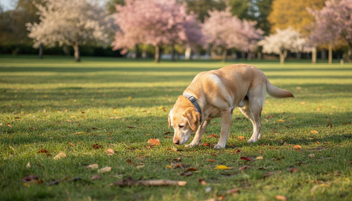 Ein betagter Hund schlendert neugierig durch den Park und nimmt alles um sich herum aufmerksam wahr.