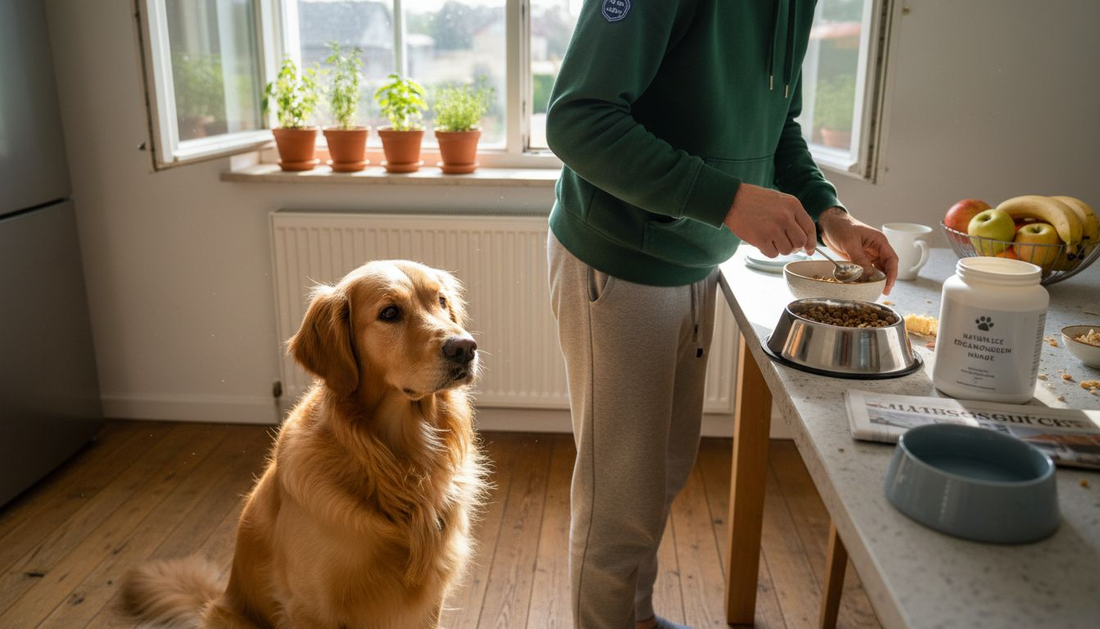 Ein Hund genießt natürliche Ergänzungsmittel in einer gemütlichen Wohnküche.