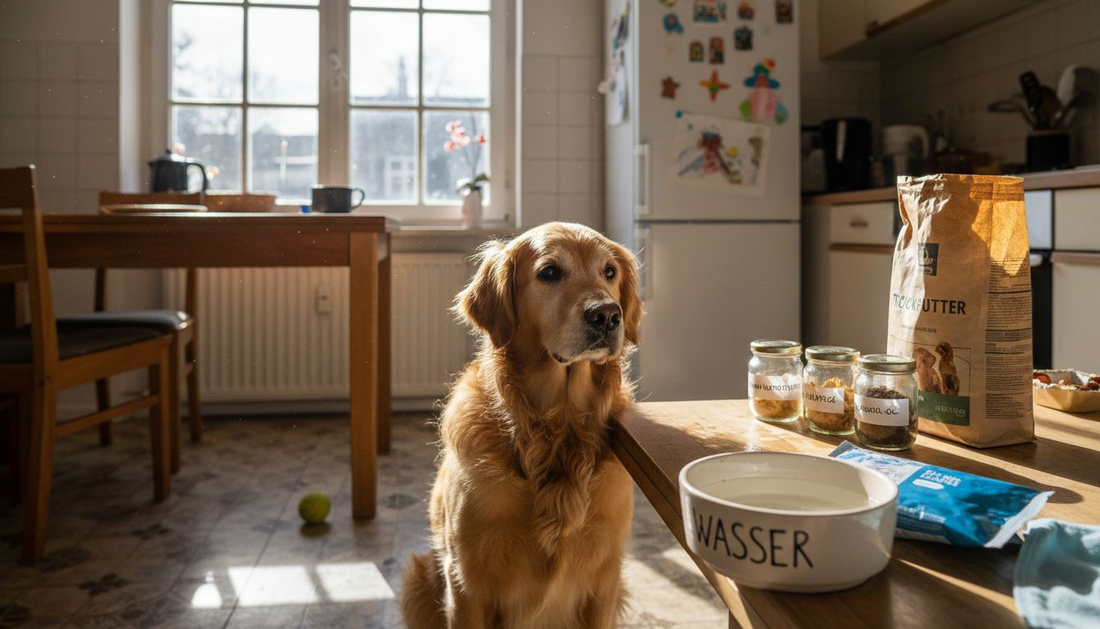 Ein fröhlicher Golden Retriever sitzt in einer sonnendurchfluteten Küche neben seinen Nahrungsergänzungsmitteln.