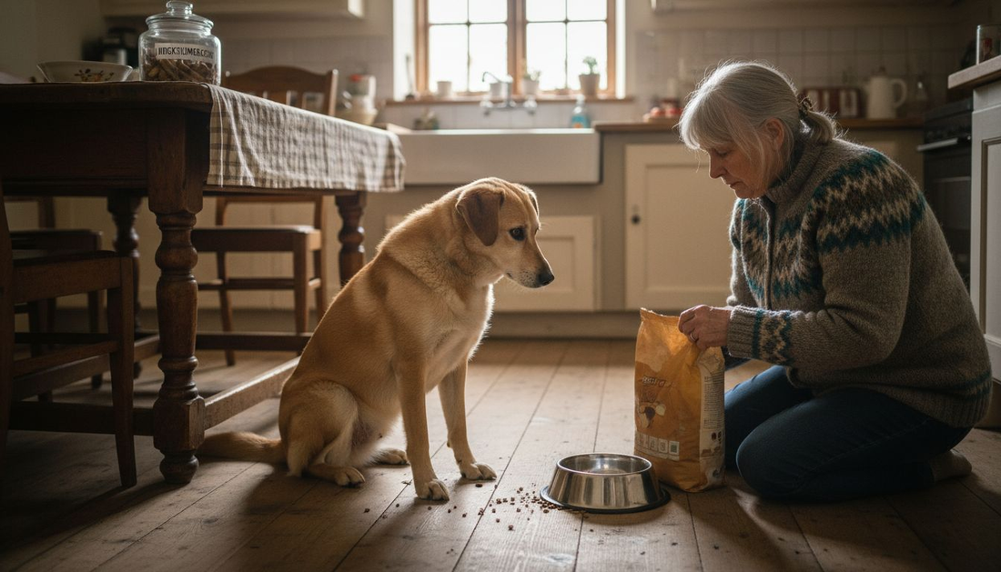In der heimeligen Küche lässt sich der Hund sein Futter schmecken.