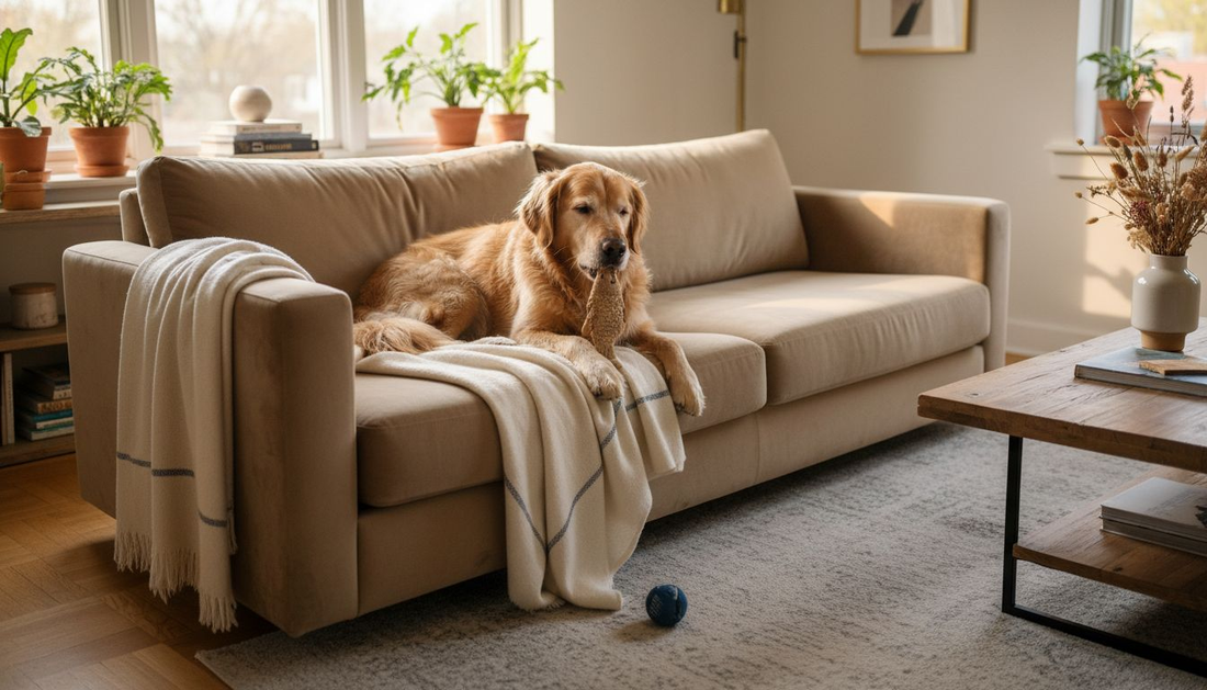 Ein Golden Retriever mit wunderschön glänzendem Fell liegt entspannt auf dem Sofa.