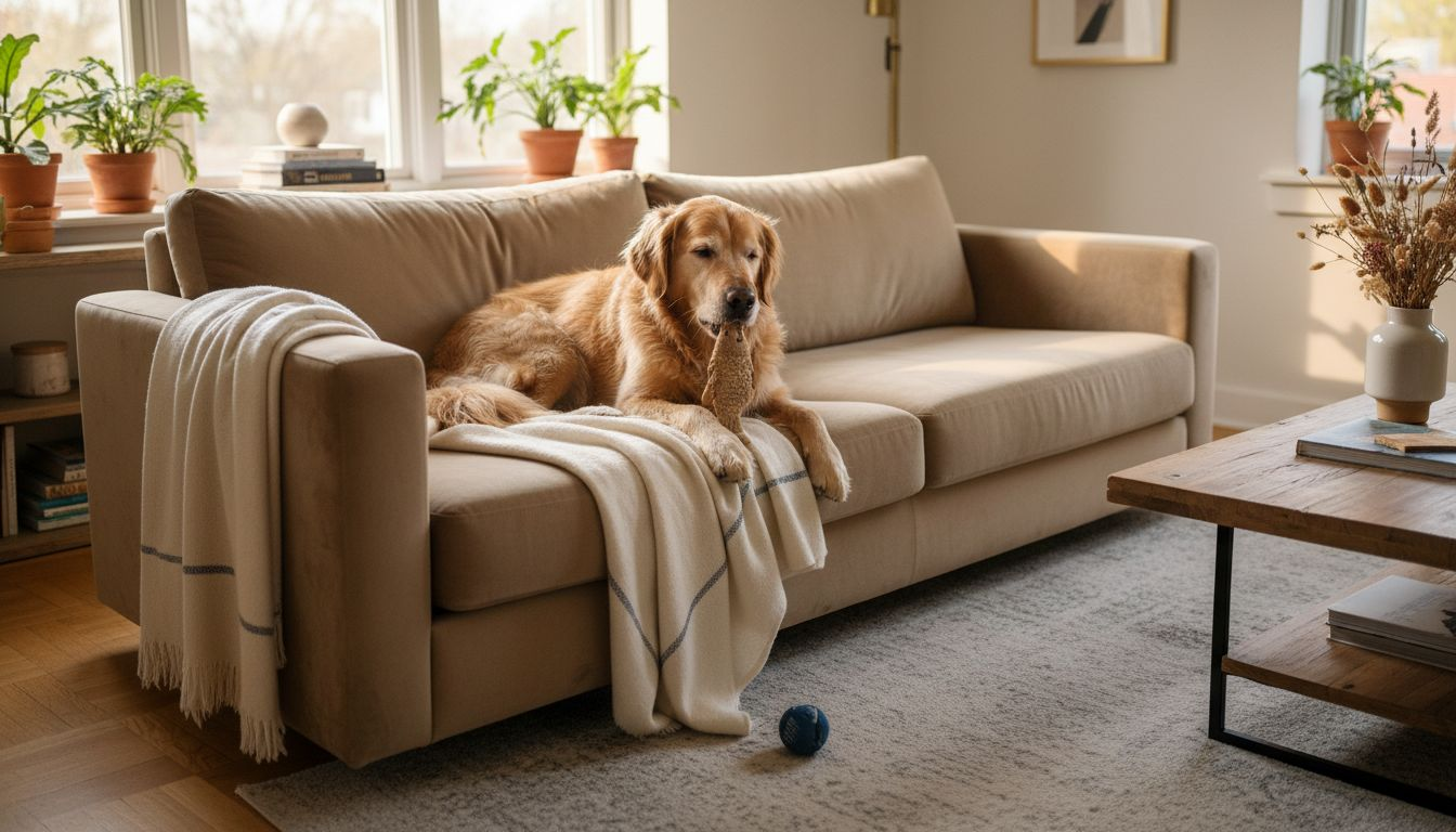 Ein Golden Retriever mit wunderschön glänzendem Fell liegt entspannt auf dem Sofa.