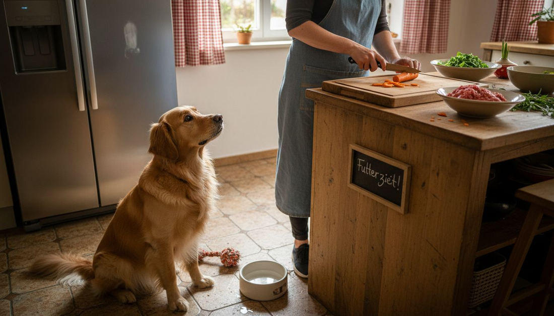Während der Besitzer frisches Futter zubereitet, wartet der Hund geduldig an seiner Seite.