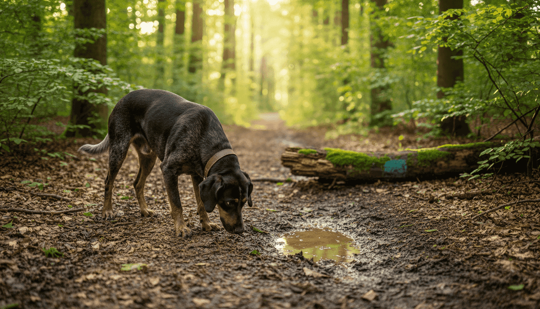 Mit dem Hund durch den sonnendurchfluteten Wald spazieren