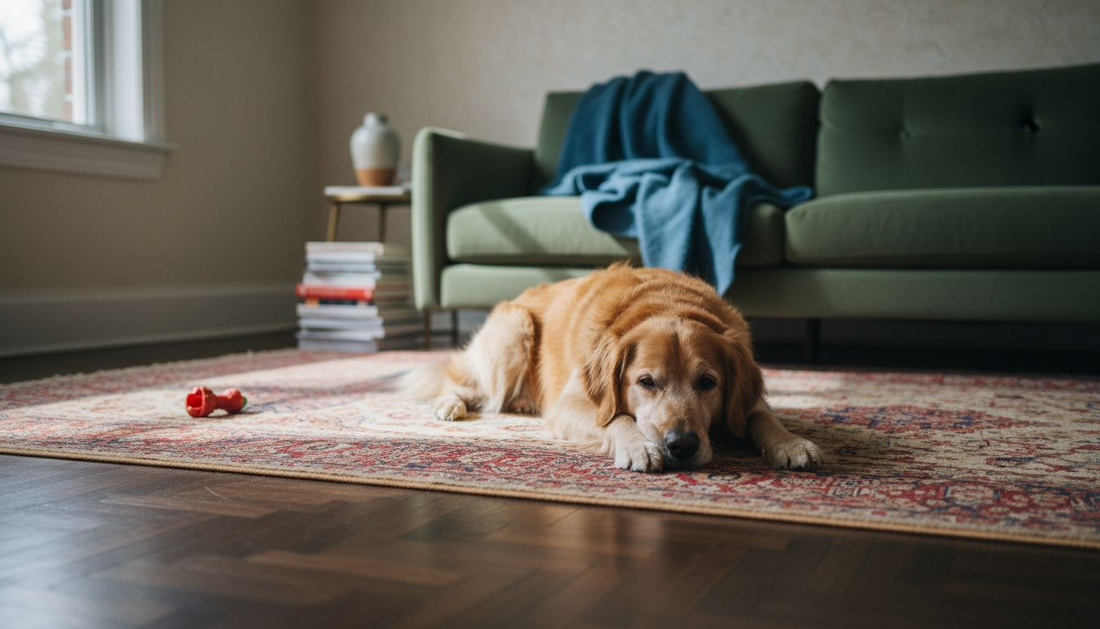 Gemütlich streckt sich der Hund auf dem sonnendurchfluteten Wohnzimmerboden aus und genießt die Ruhe.
