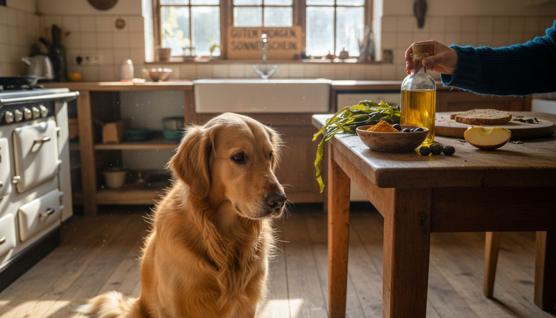 Golden Retriever, der mit natürlichen Nahrungsergänzungsmitteln versorgt wird
