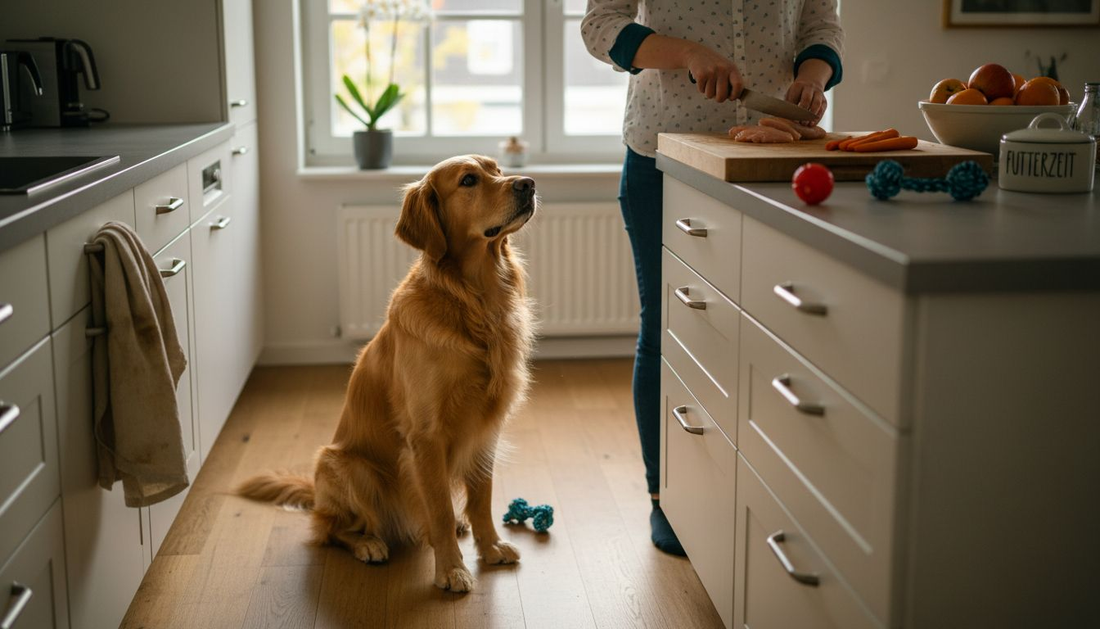 Ein Golden Retriever sitzt neben frisch zubereitetem, gesundem Essen und schaut neugierig zu.