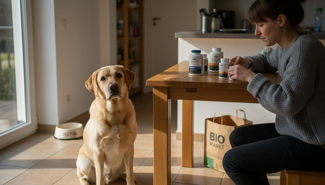 Hundebesitzer vergleicht verschiedene Vitaminpräparate für seinen Vierbeiner