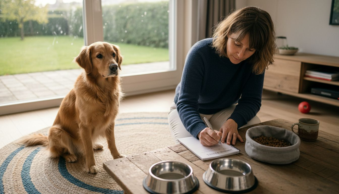 Eine Frau prüft die Qualität von Hundefutter und hält die Ergebnisse ihrer Analyse schriftlich fest.