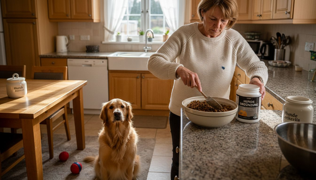 Im Küchenbereich mischt eine Frau ihrem Hund ein Nahrungsergänzungsmittel ins Futter.