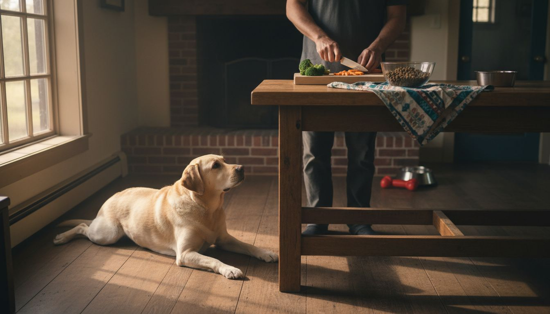 Ein Labrador beobachtet aufmerksam seinen Halter – worauf es bei einer artgerechten und natürlichen Ernährung von Hunden ankommt.