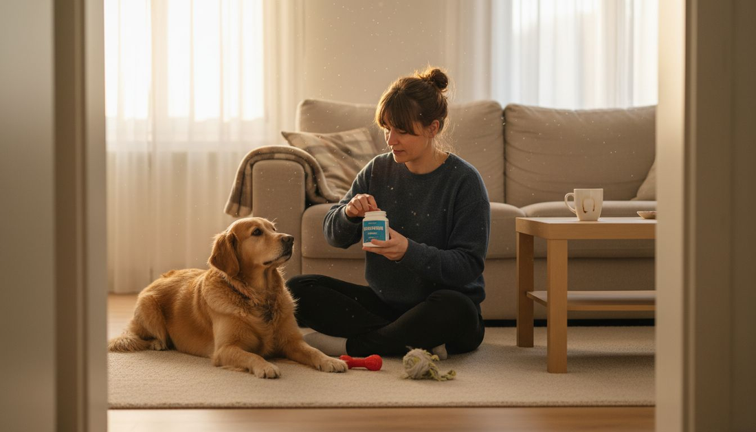 Im Wohnzimmer sitzt eine Frau mit ihrem Hund, während sie gemeinsam ein Nahrungsergänzungsmittel betrachten.