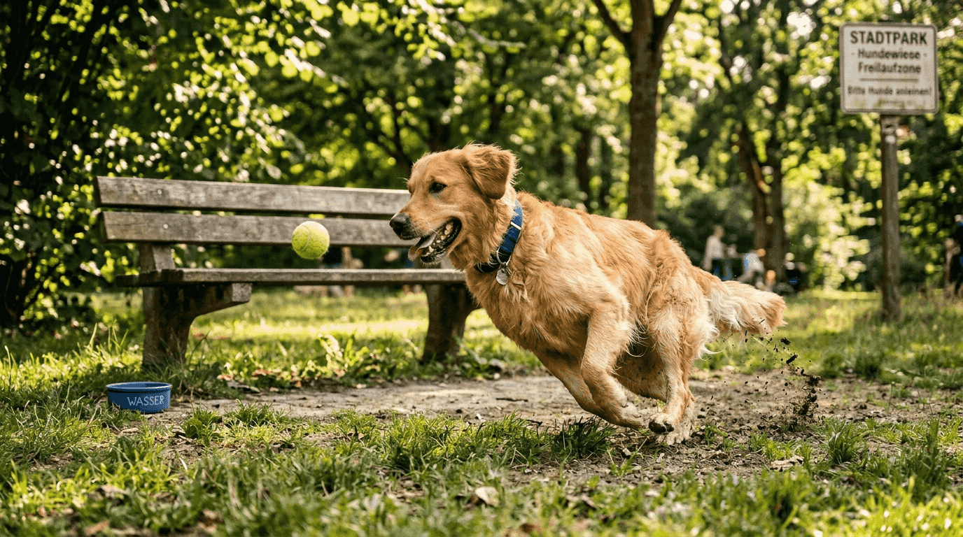 Ein Golden Retriever tollt fröhlich durch den sonnendurchfluteten Park.