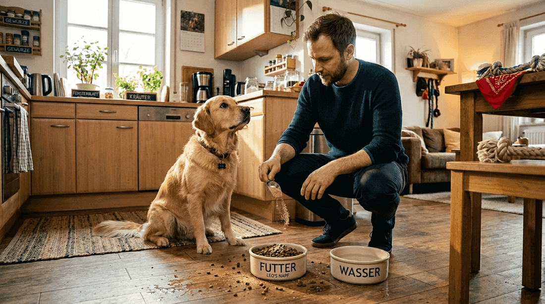 Dem Hund wird in der Küche ein random natürlicher Futterzusatz ins Futter gemischt.