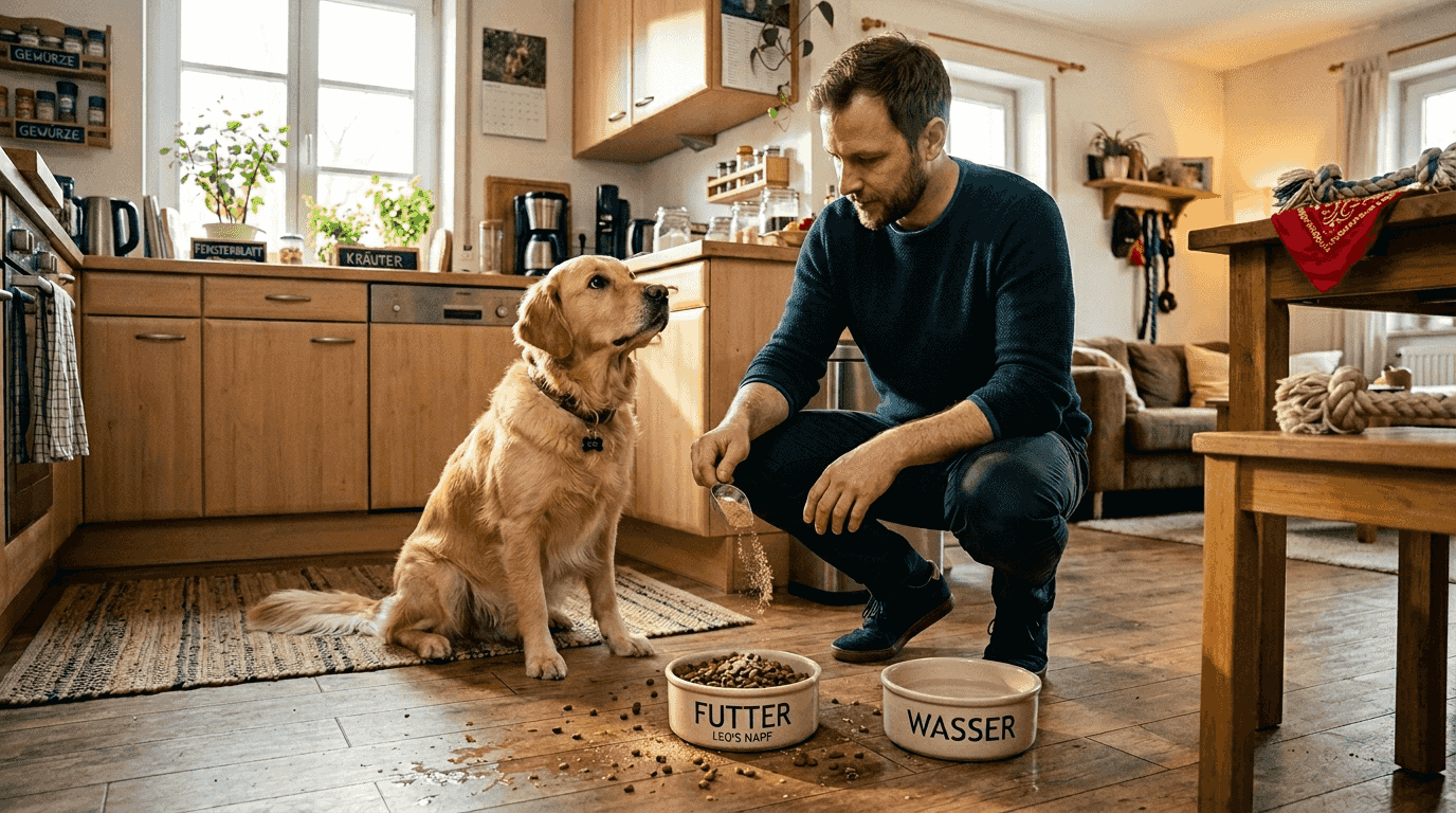 Dem Hund wird in der Küche ein random natürlicher Futterzusatz ins Futter gemischt.
