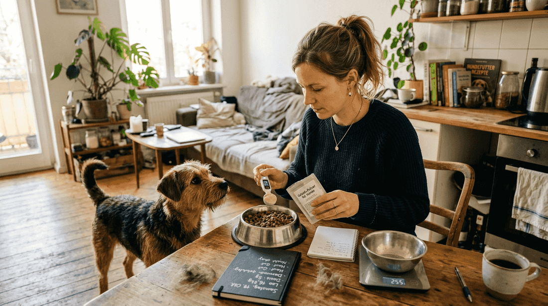 Eine Frau stellt eine natürliche Ergänzung zum Hundefutter her.