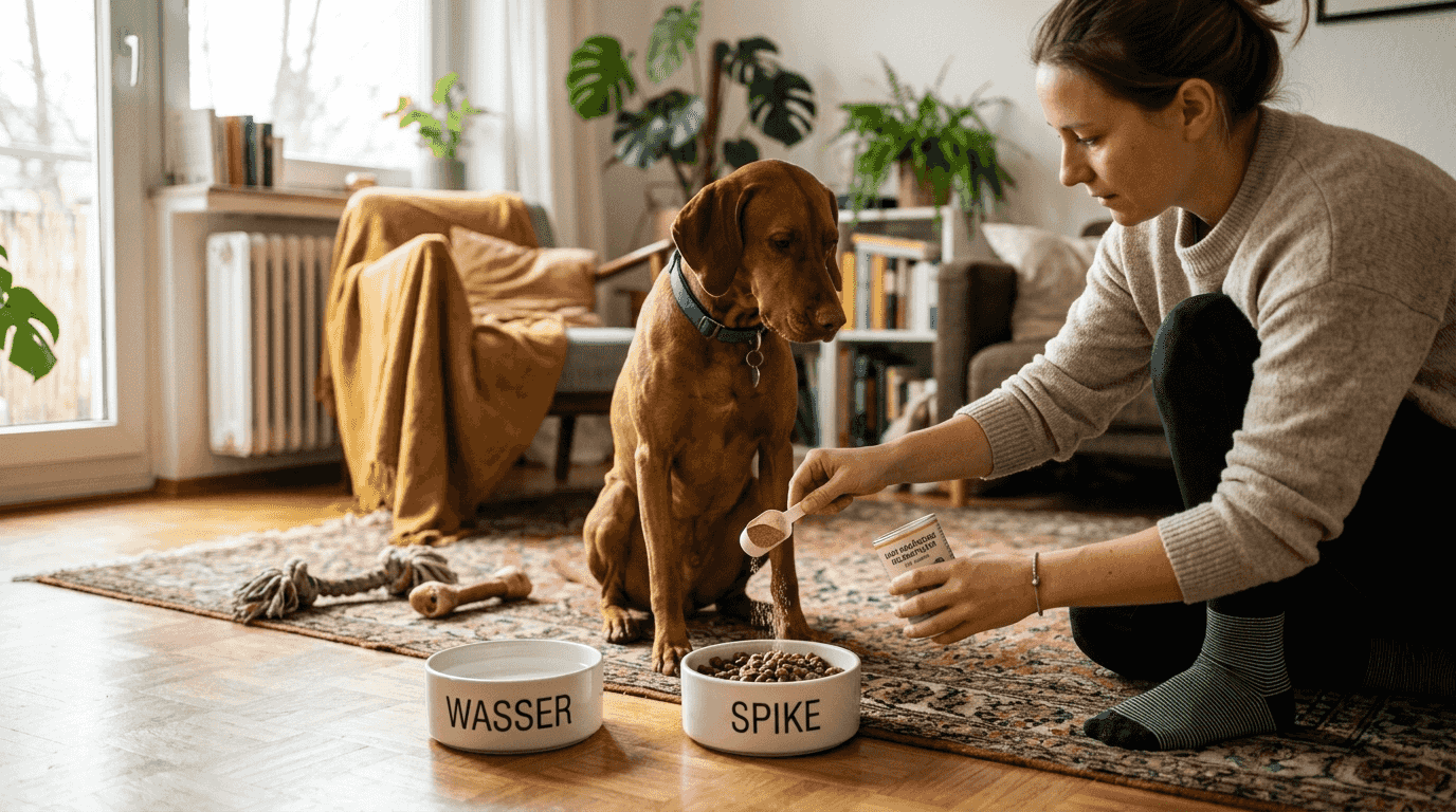 Im behaglichen Wohnzimmer bekommt der Hund sein Ergänzungsfutter.