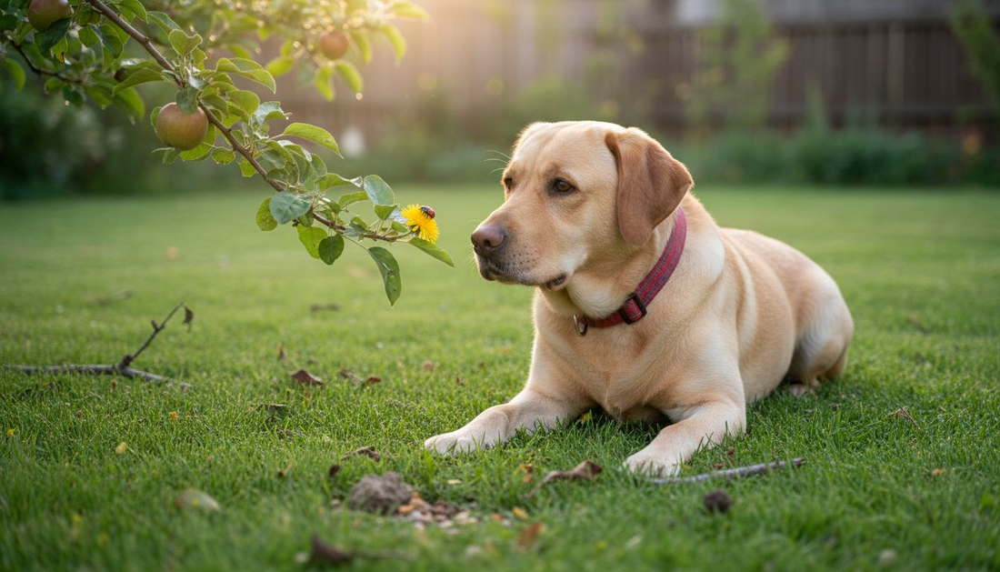 Ein Labrador genießt das frische Gras am frühen Morgen, während die ersten Sonnenstrahlen ihn umspielen.