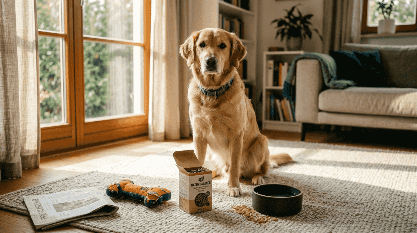 Ein Hund genießt im Wohnzimmer seine natürlichen Ergänzungsfuttermittel.