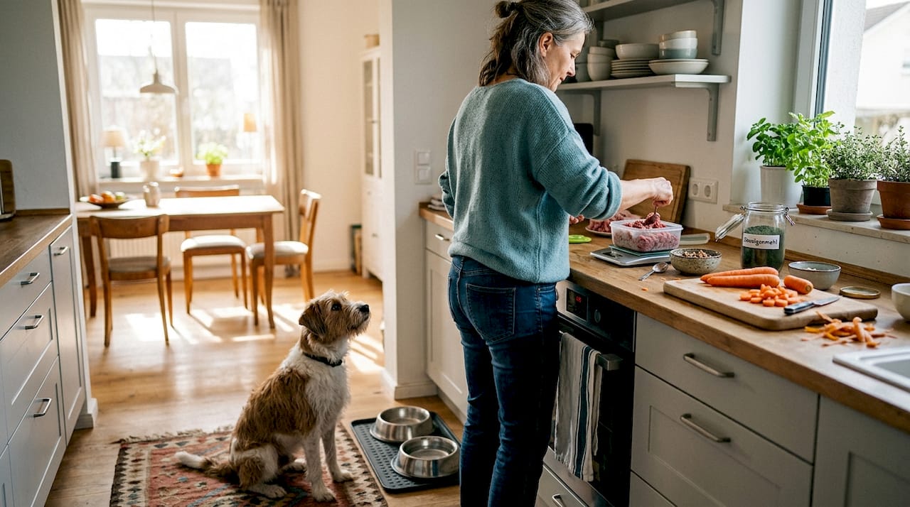 In der Küche bekommt unser Hund heute eine Portion frisches BARF-Futter serviert.