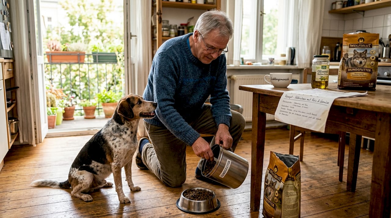 Der Hund bekommt sein Futter direkt im Wohnbereich.