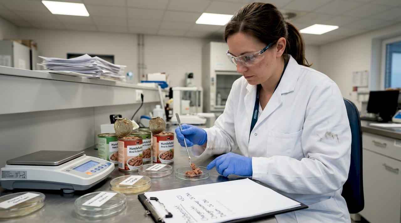 Eine Labormitarbeiterin überprüft Proben von Hundefutter auf ihre Qualität.