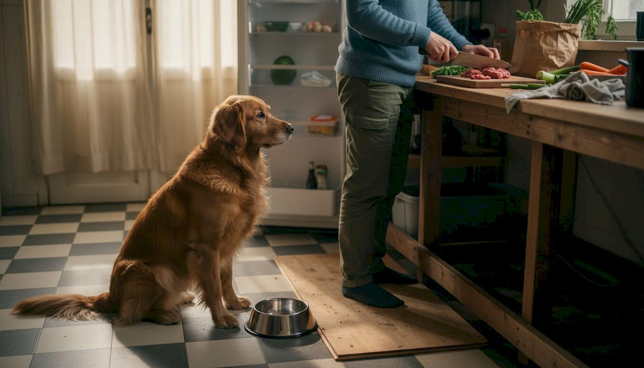 Gemeinsam bereiten Hund und Herrchen das Barf-Futter frisch zu.