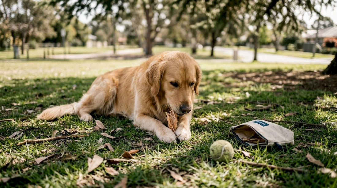 Im Park lässt sich ein Hund seinen natürlichen Leckerbissen schmecken.