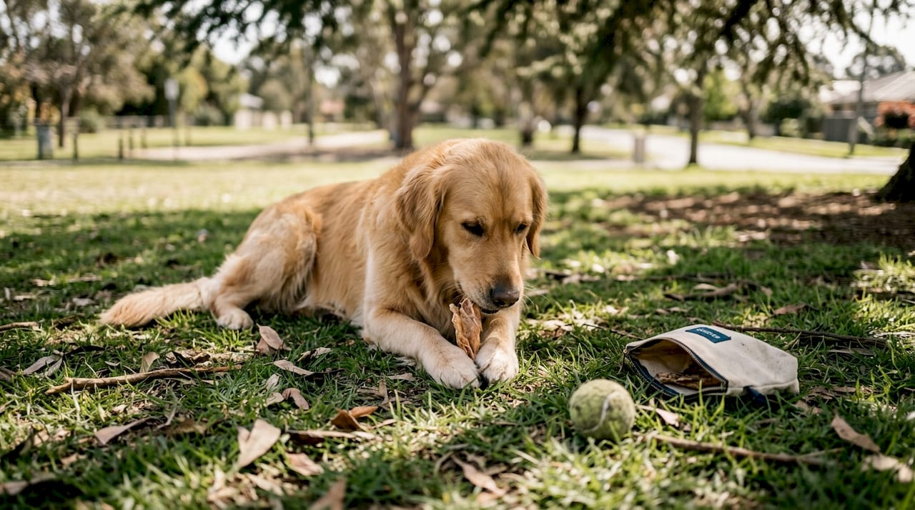 Im Park lässt sich ein Hund seinen natürlichen Leckerbissen schmecken.