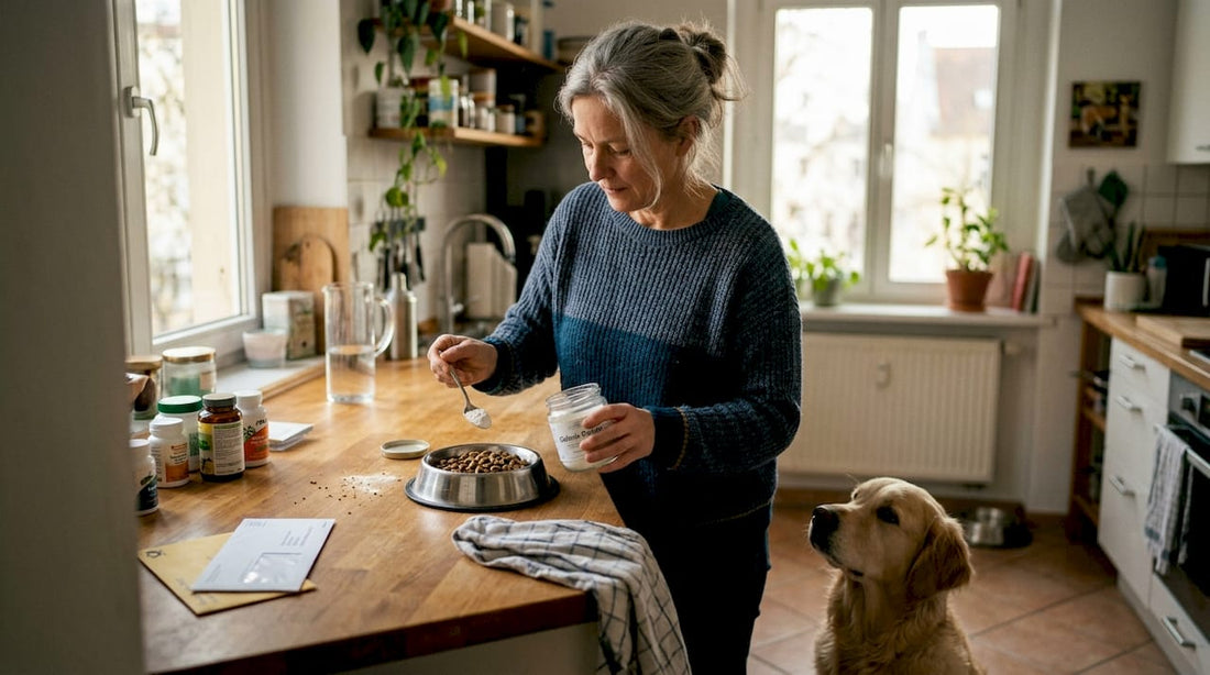 Ein Hundebesitzer bereitet das Futter seines Vierbeiners mit speziellen Zusätzen zu.