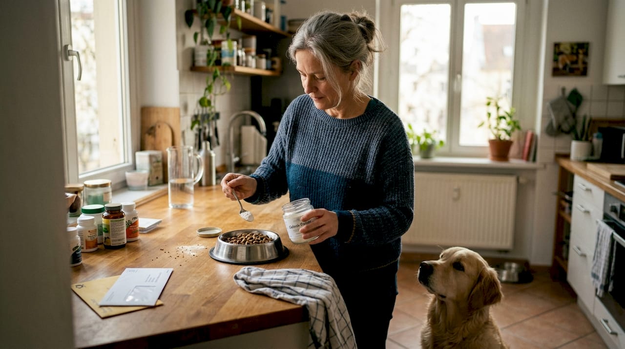 Ein Hundebesitzer bereitet das Futter seines Vierbeiners mit speziellen Zusätzen zu.