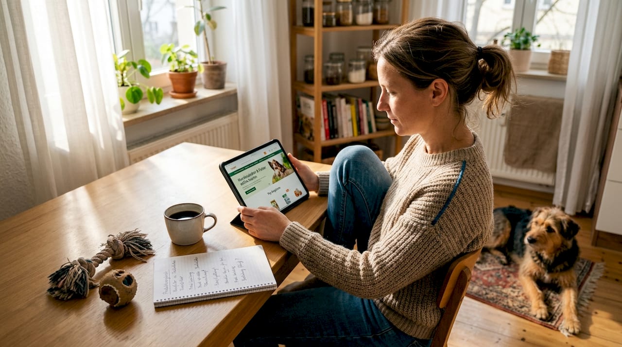 Ein Hundebesitzer vergleicht verschiedene Online-Shops für Haustierbedarf, um das beste Angebot für seinen Vierbeiner zu finden.