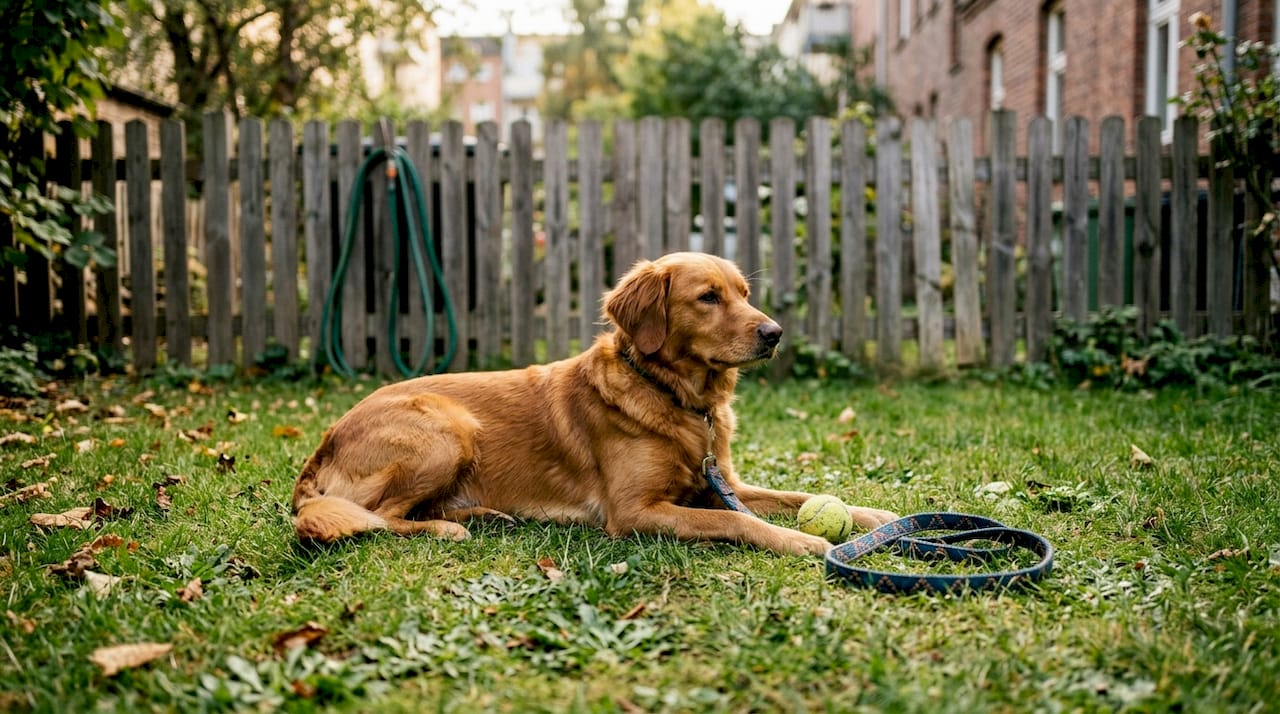 Ganz entspannt liegt der Hund im Garten und hält seinen Ball fest zwischen den Pfoten.
