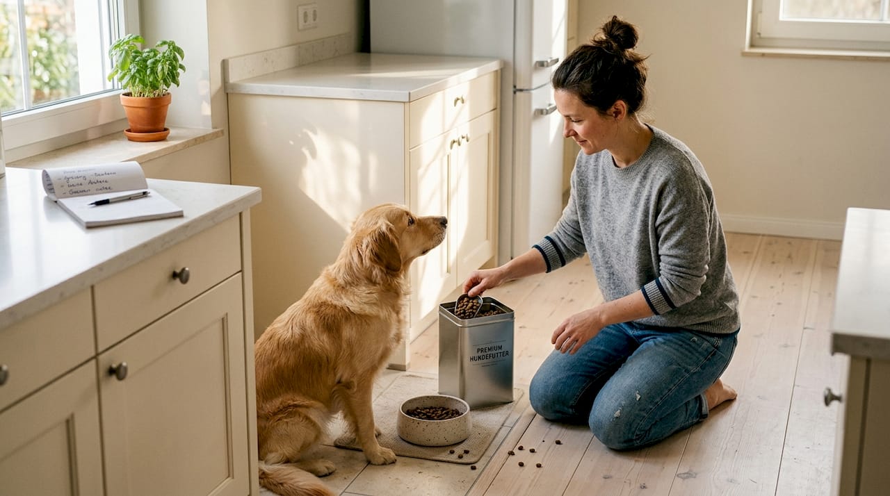 In der sonnendurchfluteten Küche gibt eine Frau ihrem Hund Futter.