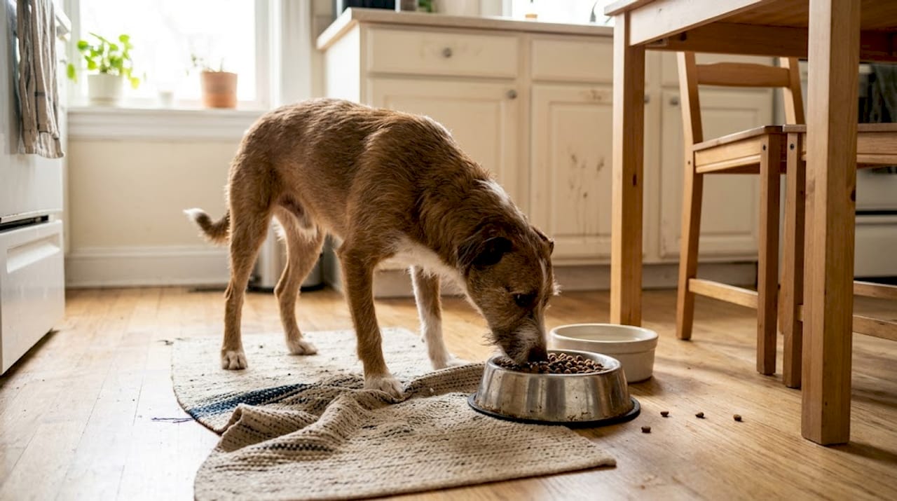 Ein Hund beschnuppert neugierig sein Futter im Napf.