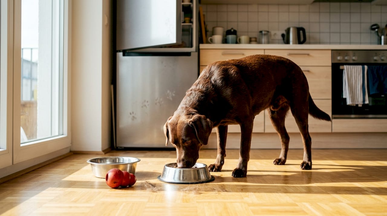 Hund frisst Futter in gemütlicher Küche