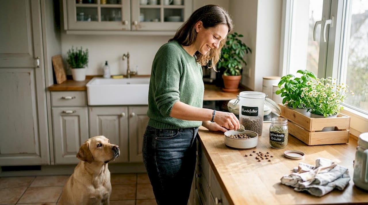 Eine Frau stellt eine Kräutermischung für das Futter ihres Hundes zusammen.
