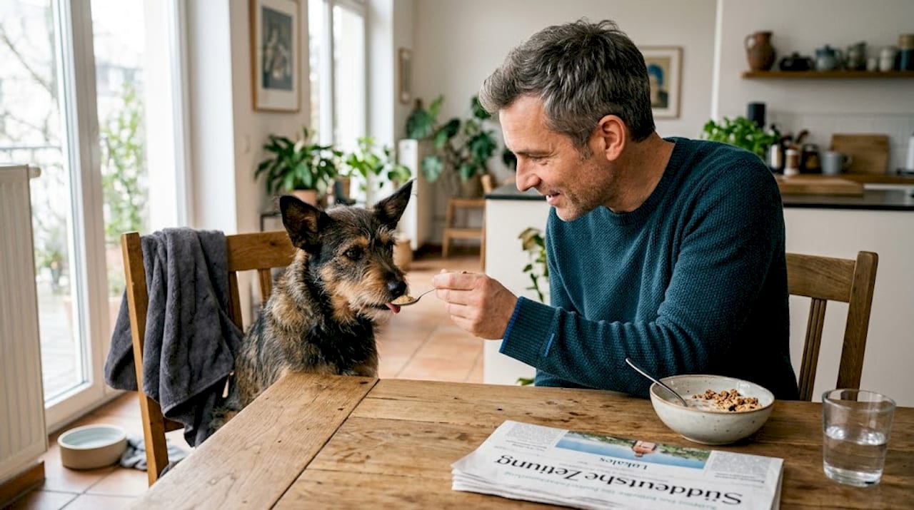 Ein Hundebesitzer gibt seinem Vierbeiner ein Nahrungsergänzungsmittel.